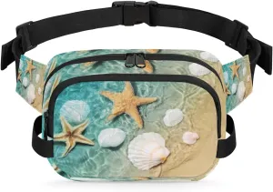 Fanny Pack for Women Men Cute Seashell Paint Crossbody Belt Bag with 3 Zipper Pockets Fashion Waterproof Waist Pack with Adjustable Strap for Travel Running Hiking Cycling