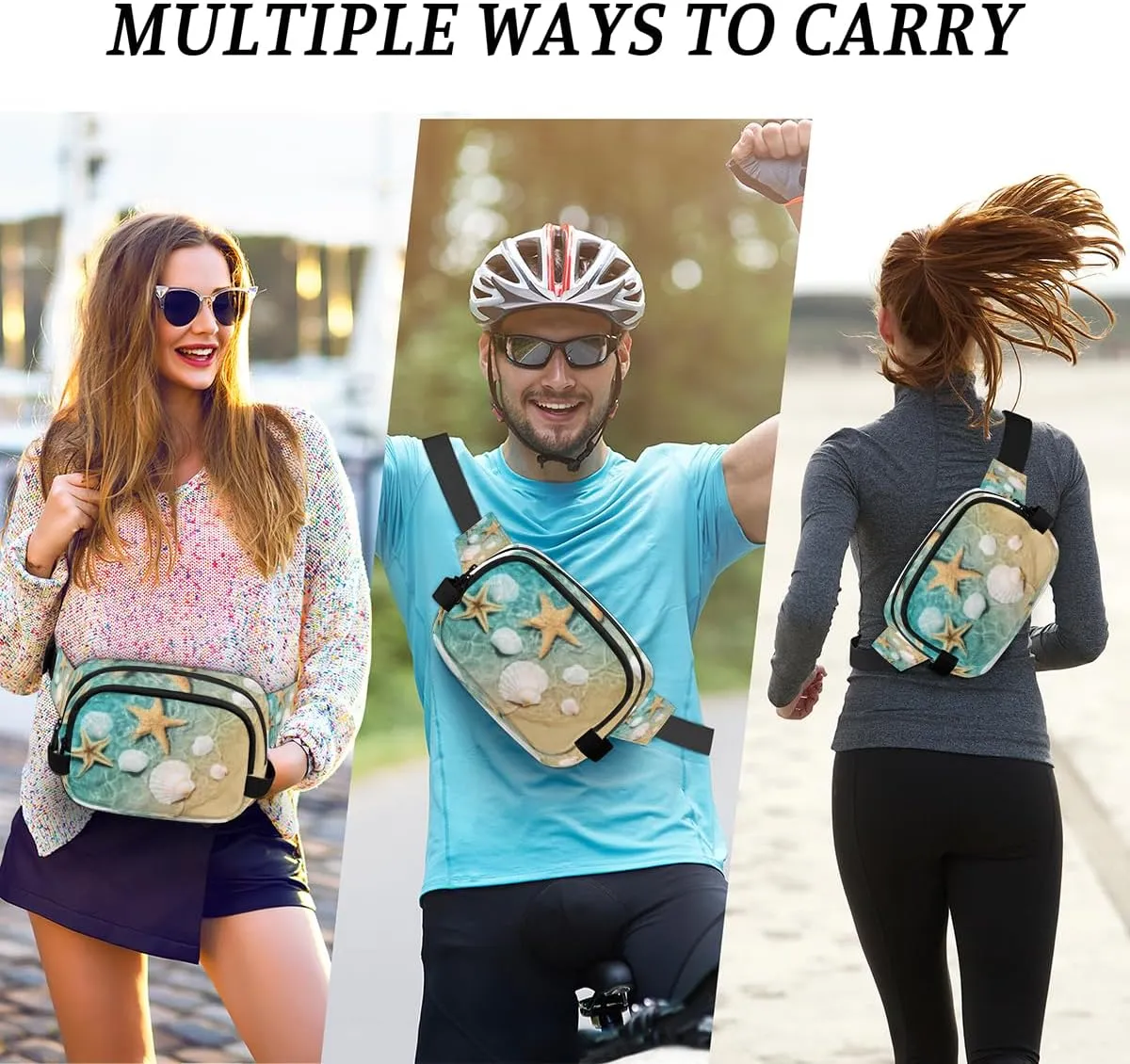 Fanny Pack for Women Men Cute Seashell Paint Crossbody Belt Bag with 3 Zipper Pockets Fashion Waterproof Waist Pack with Adjustable Strap for Travel Running Hiking Cycling