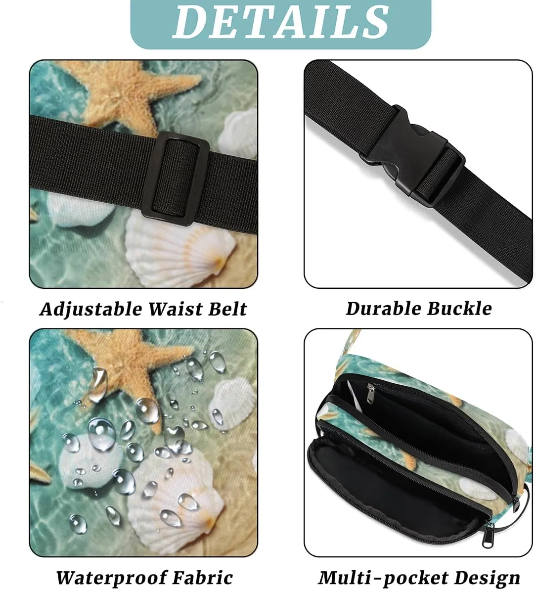 Fanny Pack for Women Men Cute Seashell Paint Crossbody Belt Bag with 3 Zipper Pockets Fashion Waterproof Waist Pack with Adjustable Strap for Travel Running Hiking Cycling