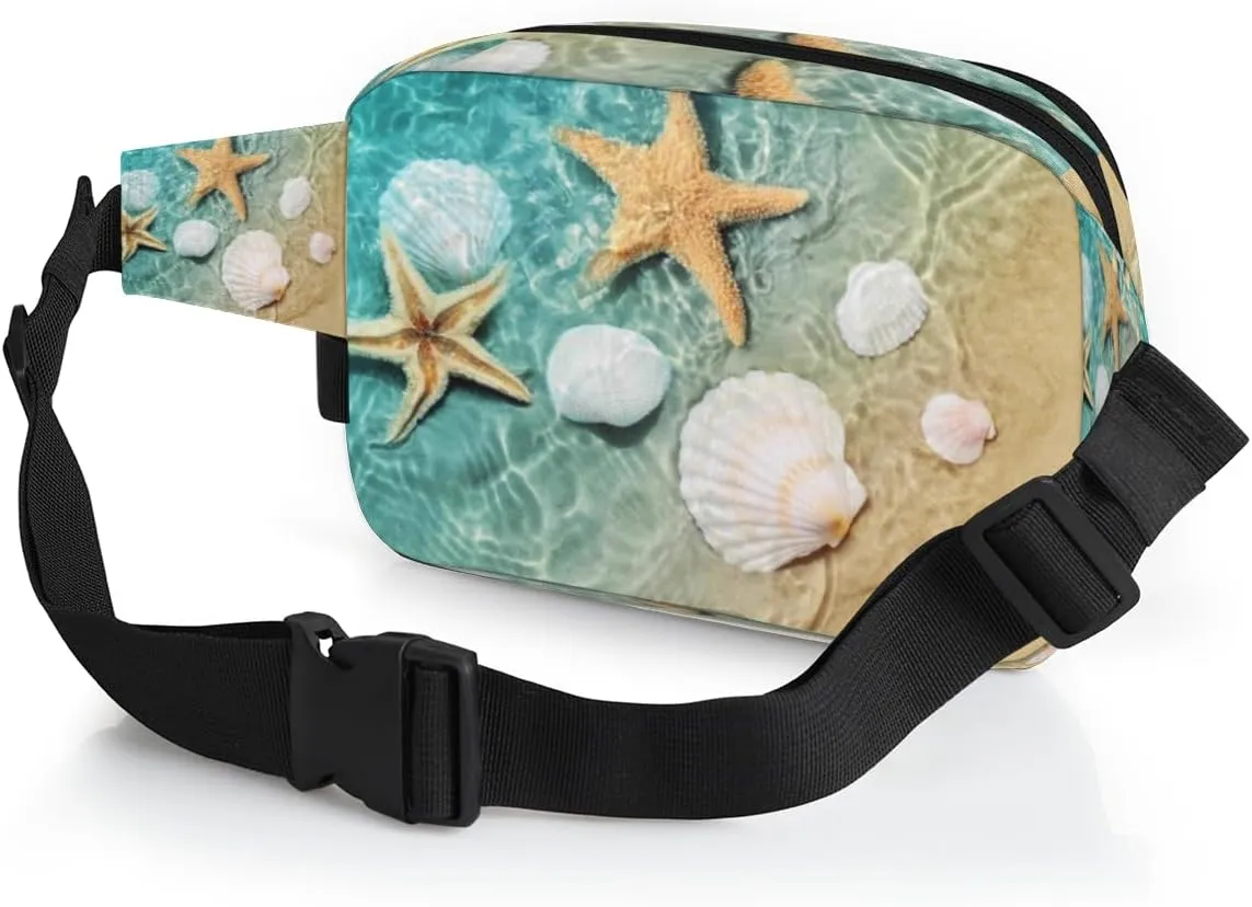Fanny Pack for Women Men Cute Seashell Paint Crossbody Belt Bag with 3 Zipper Pockets Fashion Waterproof Waist Pack with Adjustable Strap for Travel Running Hiking Cycling