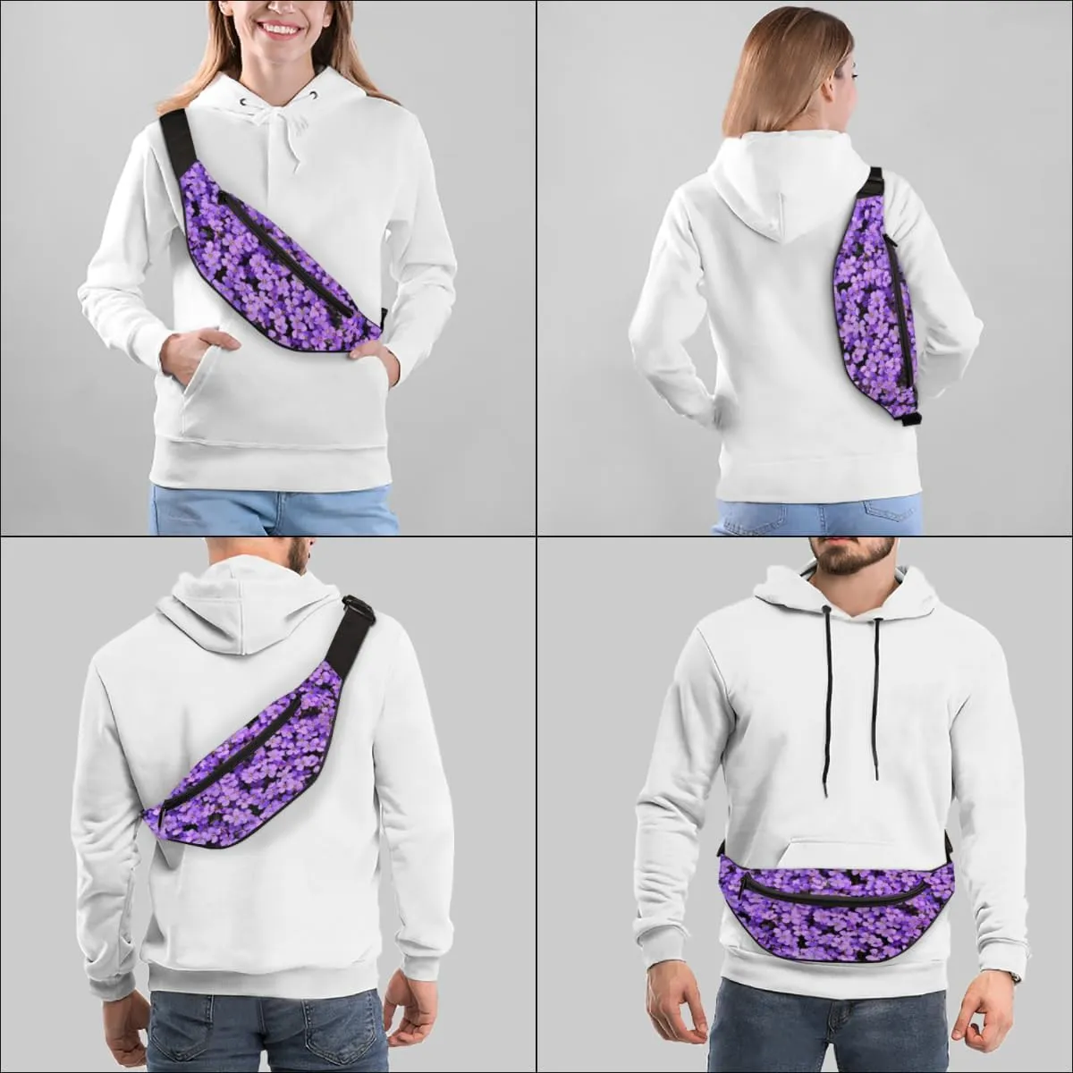 Fanny Pack for Women Men Purple Flower Bushes Waist Pack Crossbody Bag with Adjustable Straps for Hiking Running Walking Travel Cycling