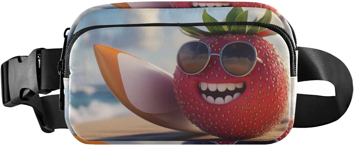 Fanny Pack-(Strawberry Surfing) for Women Men，Crossbody Sling Bag Water Resistant Waist Bag with Adjustable Belt for Traveling Running Hiking