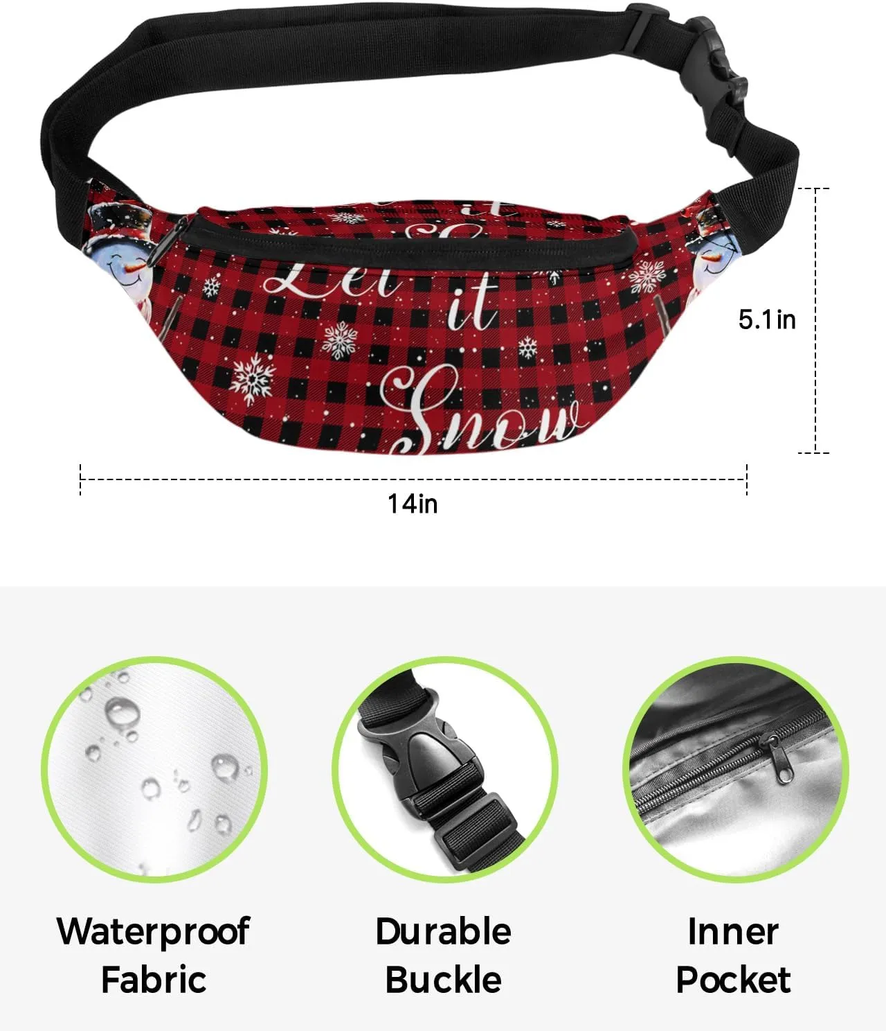 Fanny Pack,Christmas Snowman Snowflake Bird Scarf Oil Lamp Winter Red And Black Plaid Waist Packs with Adjustable Belt,Casual Bag Bum Bags for Travel Sports Running 14"x5"