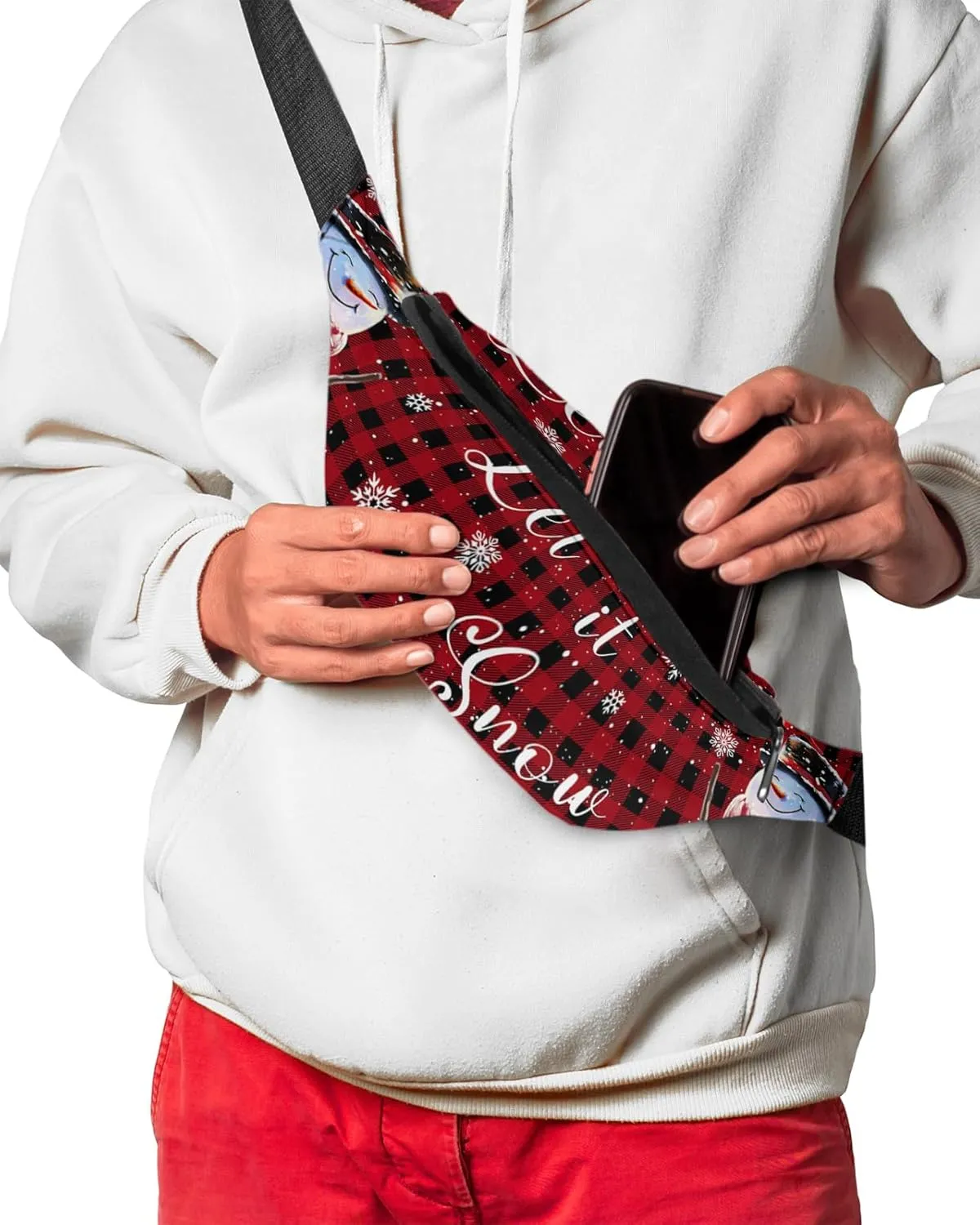 Fanny Pack,Christmas Snowman Snowflake Bird Scarf Oil Lamp Winter Red And Black Plaid Waist Packs with Adjustable Belt,Casual Bag Bum Bags for Travel Sports Running 14"x5"