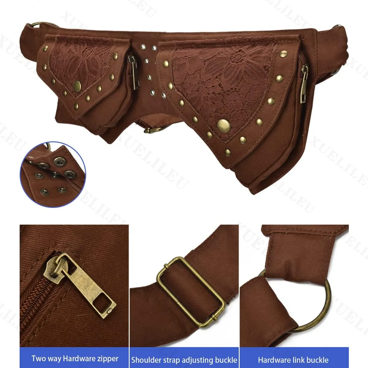 Fanny Packs for women fashionable,Fanny Pack Lace Waist Bag Pouch Utility Belt Fanny bag Waist Pack for Sports Hiking Travel Renaissance Faire Festival Fanny Pack 12/Brown