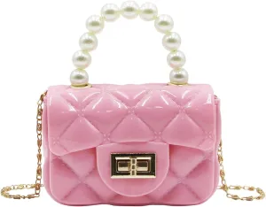 Fashion Candy Color Handbag Satchel Mini Pink Purse Jelly Shoulder Bag Crossbody Purse with Pearls Handle Chain Strap(Small)