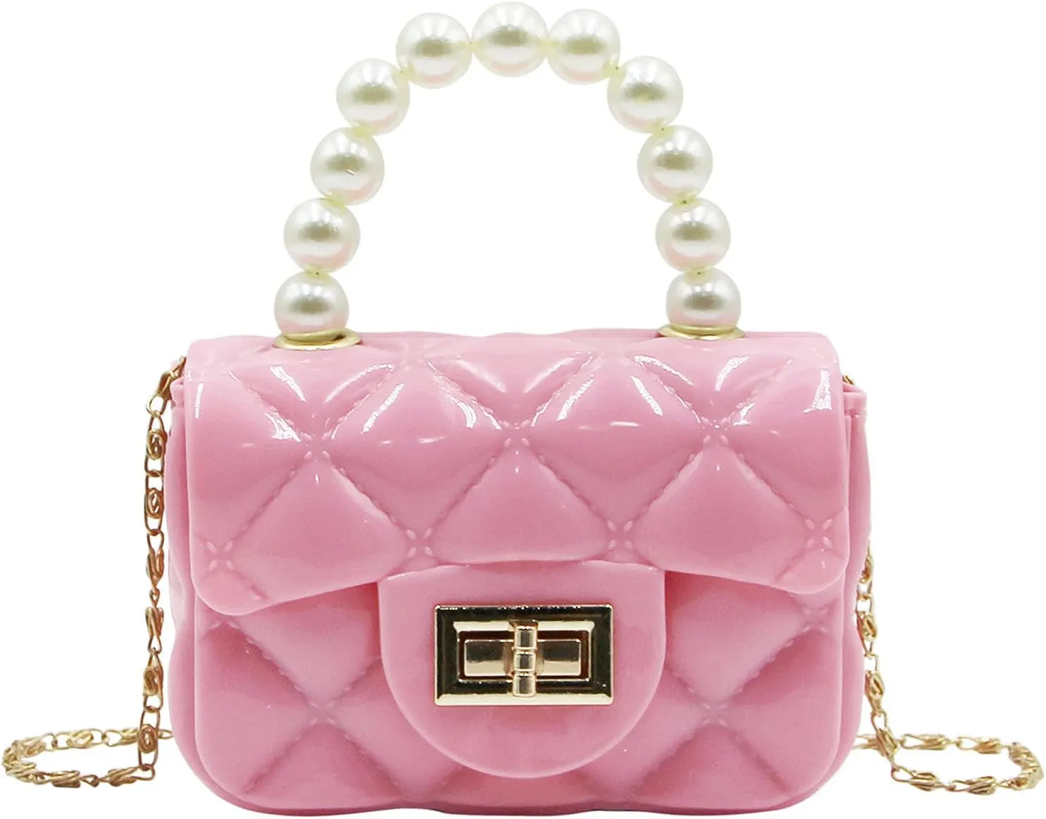 Fashion Candy Color Handbag Satchel Mini Pink Purse Jelly Shoulder Bag Crossbody Purse with Pearls Handle Chain Strap(Small)
