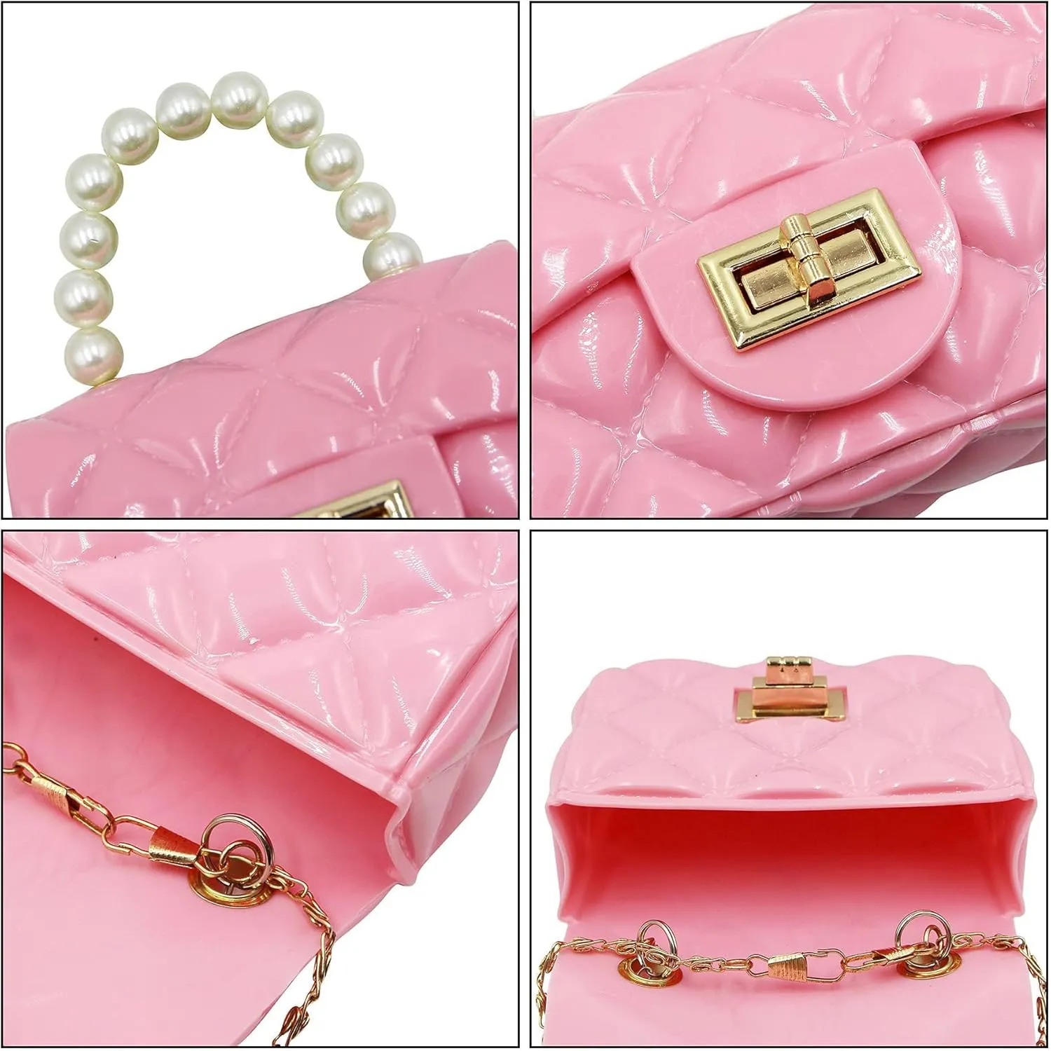 Fashion Candy Color Handbag Satchel Mini Pink Purse Jelly Shoulder Bag Crossbody Purse with Pearls Handle Chain Strap(Small)
