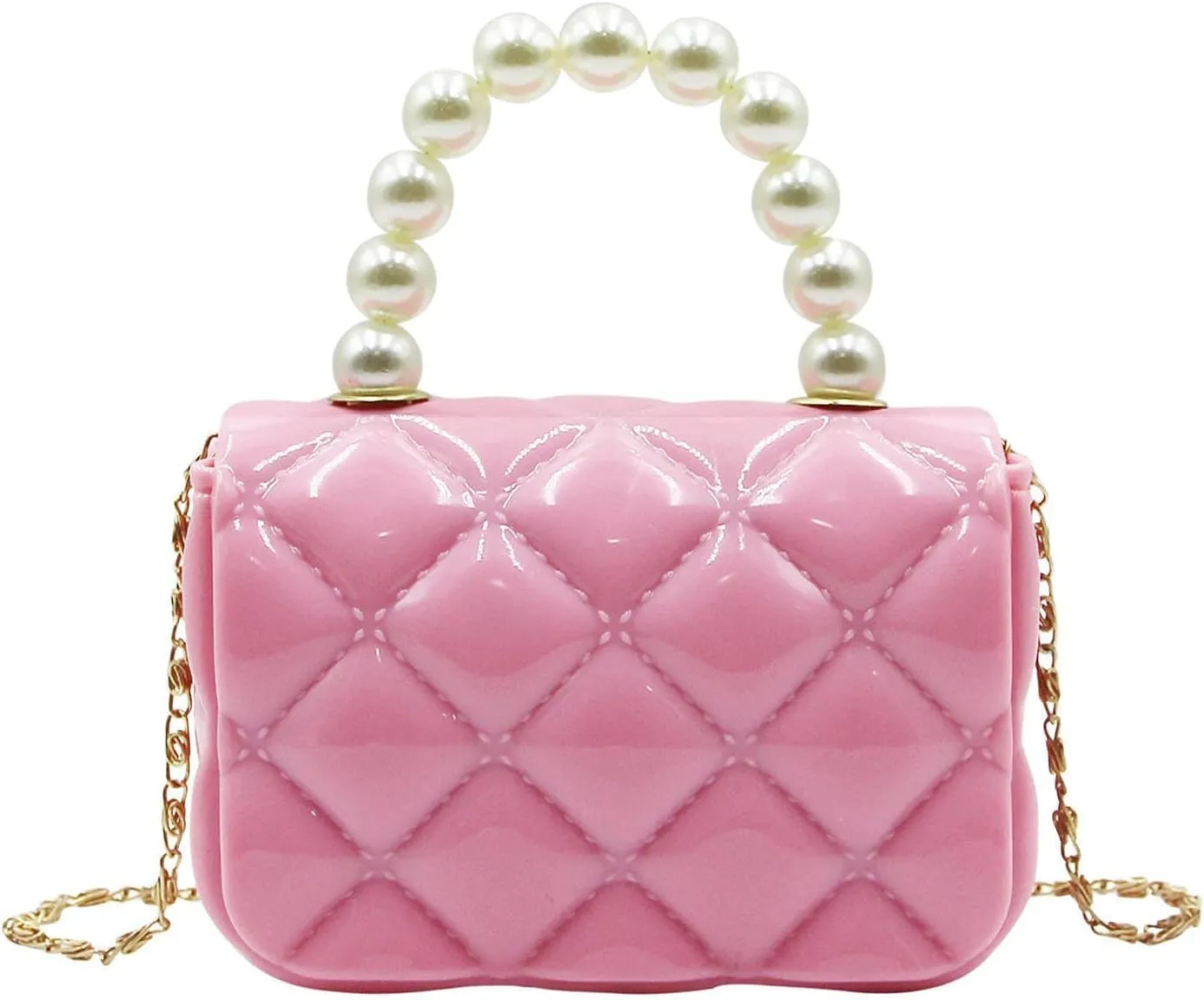 Fashion Candy Color Handbag Satchel Mini Pink Purse Jelly Shoulder Bag Crossbody Purse with Pearls Handle Chain Strap(Small)