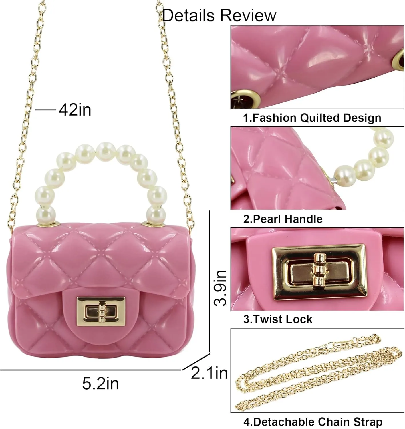 Fashion Candy Color Handbag Satchel Mini Pink Purse Jelly Shoulder Bag Crossbody Purse with Pearls Handle Chain Strap(Small)