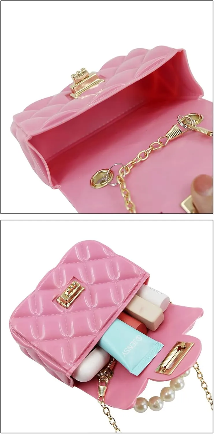 Fashion Candy Color Handbag Satchel Mini Pink Purse Jelly Shoulder Bag Crossbody Purse with Pearls Handle Chain Strap(Small)