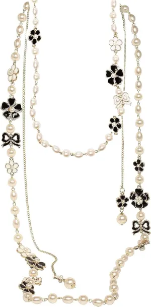 Fashion Jewelry Designer Flower and Bow Charms Faux Pearl Statement Long Sweater Necklace for Women