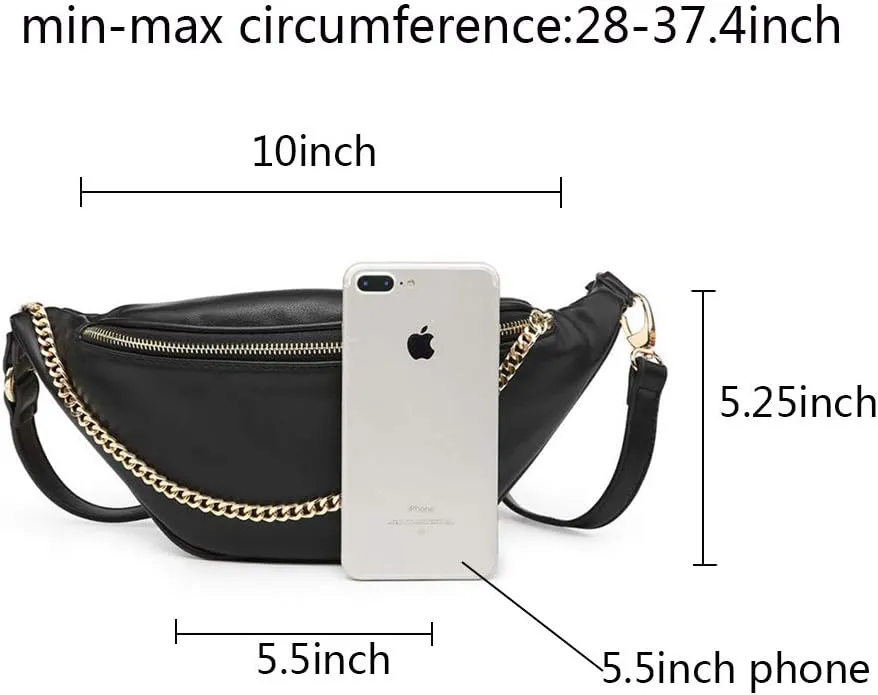 Fashion Leather Waist Fanny Pack Chest Bag Phone Purse with Metalic Chain for Women Black…