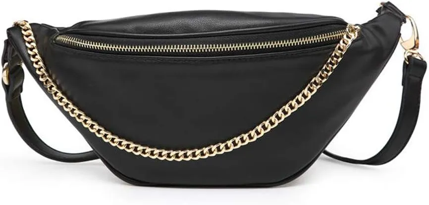 Fashion Leather Waist Fanny Pack Chest Bag Phone Purse with Metalic Chain for Women Black…