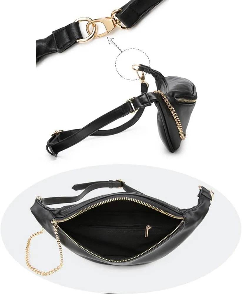 Fashion Leather Waist Fanny Pack Chest Bag Phone Purse with Metalic Chain for Women Black…