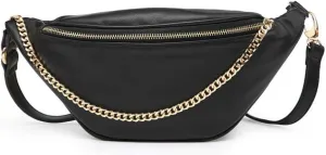 Fashion Leather Waist Fanny Pack Chest Bag Phone Purse with Metalic Chain for Women Black…