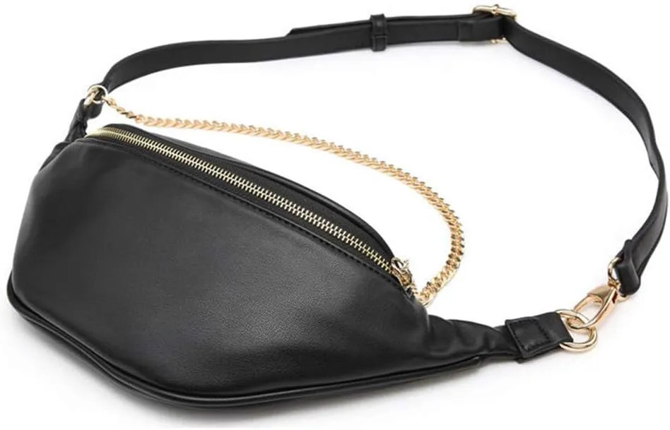 Fashion Leather Waist Fanny Pack Chest Bag Phone Purse with Metalic Chain for Women Black…