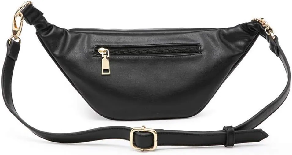 Fashion Leather Waist Fanny Pack Chest Bag Phone Purse with Metalic Chain for Women Black…