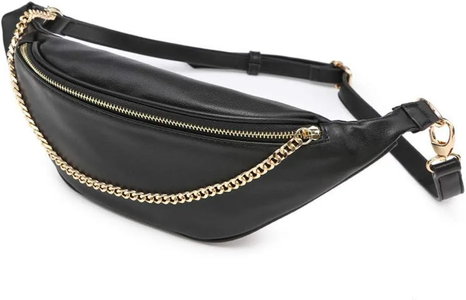 Fashion Leather Waist Fanny Pack Chest Bag Phone Purse with Metalic Chain for Women Black…