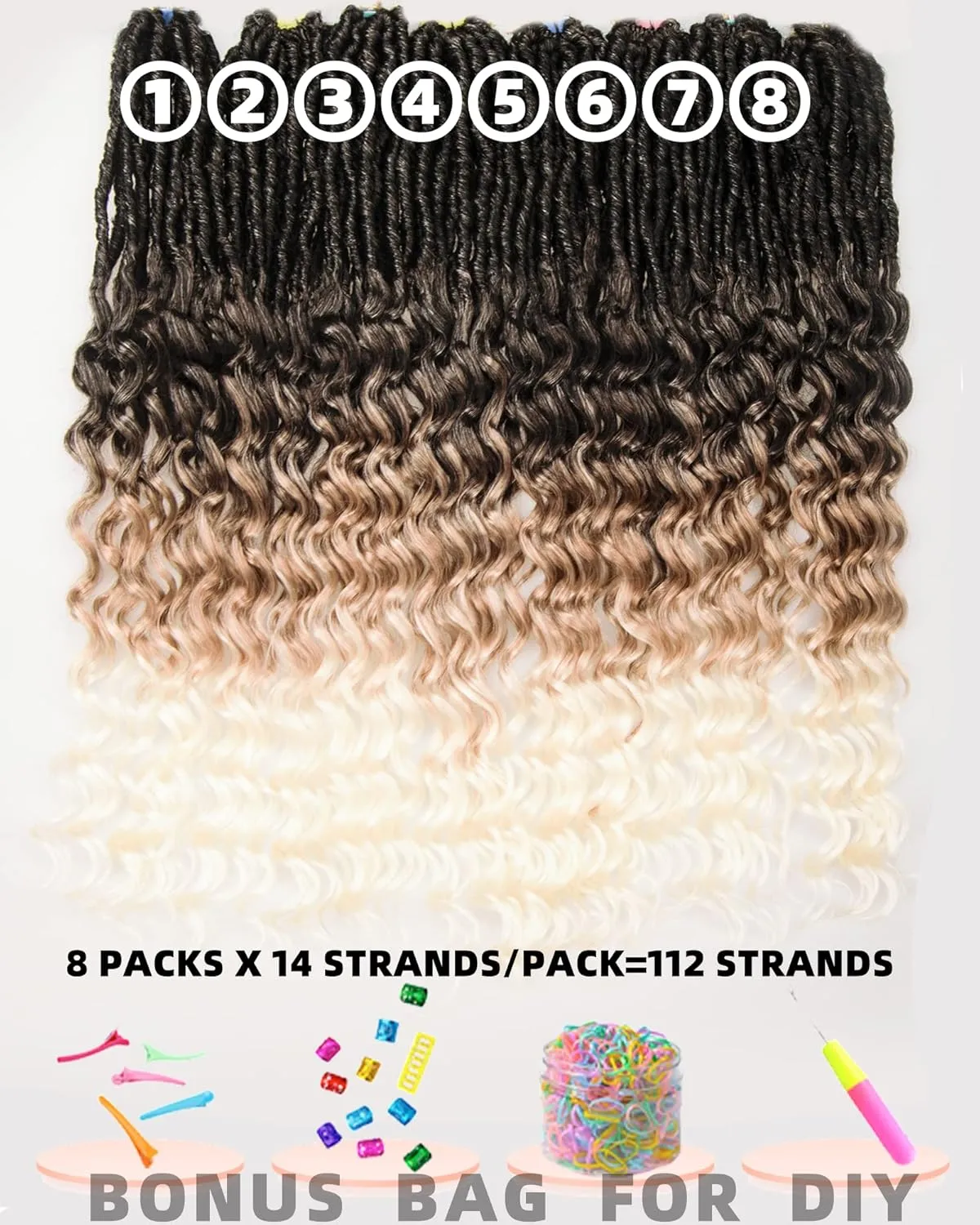 Faux Locs Crochet Hair for Black Women- 24 Inches 8 Packs Pre Looped Ombre Black to Blonde Off-white 112 Strands Synthetic Hair Extensions, Soft Goddess Locs Braids with Long Deep Wave Curly
