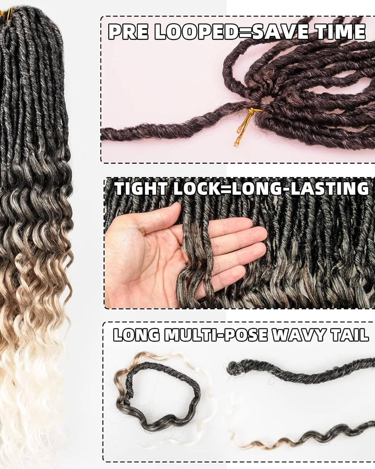 Faux Locs Crochet Hair for Black Women- 24 Inches 8 Packs Pre Looped Ombre Black to Blonde Off-white 112 Strands Synthetic Hair Extensions, Soft Goddess Locs Braids with Long Deep Wave Curly