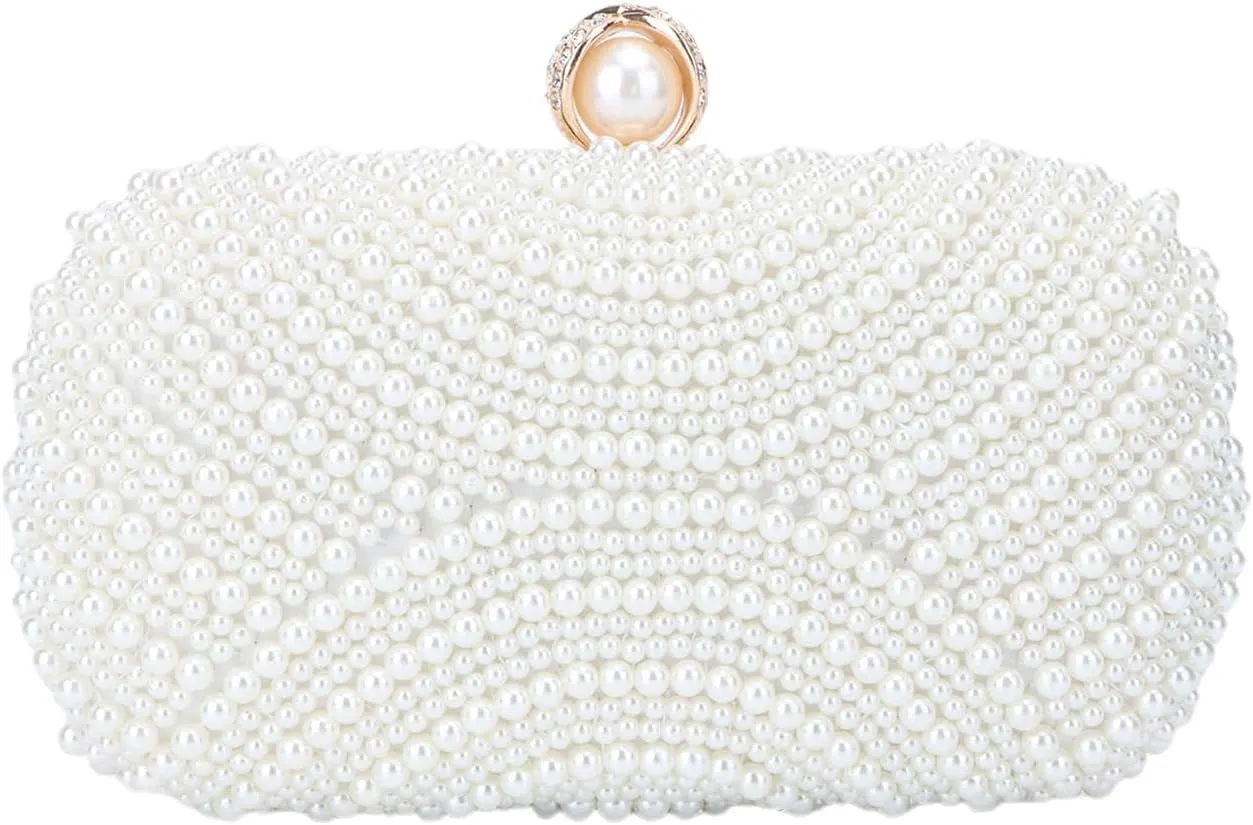 Fecialy Pearl Clutch Purses for Women Wedding Crystal Beaded Evening Handbags Clutch with Pearl Chain