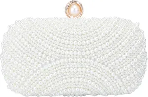 Fecialy Pearl Clutch Purses for Women Wedding Crystal Beaded Evening Handbags Clutch with Pearl Chain