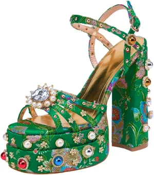 Feinlina Women Rhinestone High Chunky Platform Open Toe Block Heels Gems Detail Fashion Green Pink Floral Print Embroidery Ankle Strap Dress Wedding Party Pump Sandals