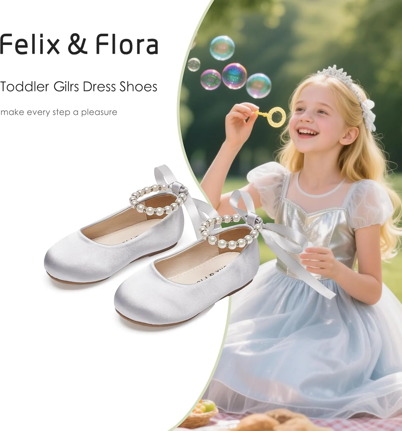 Felix & Flora Girls Toddler Little Ballet Shoes - Flower Girls Mary Jane Flats Dress Shoes Party Wedding
