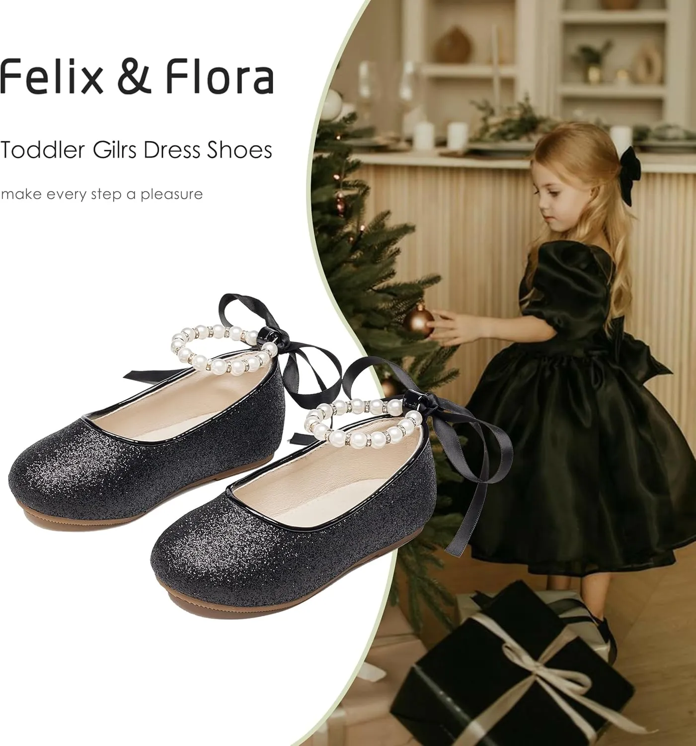 Felix & Flora Girls Toddler Little Ballet Shoes - Flower Girls Mary Jane Flats Dress Shoes Party Wedding