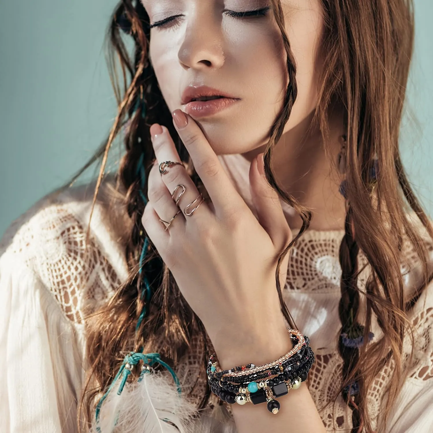 FIBO STEEL 6 Sets Bohemian Stackable Bead Bracelets for Women Stretch Multilayered Bracelet Set Multicolor Boho Jewelry