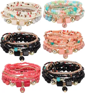 FIBO STEEL 6 Sets Bohemian Stackable Bead Bracelets for Women Stretch Multilayered Bracelet Set Multicolor Boho Jewelry