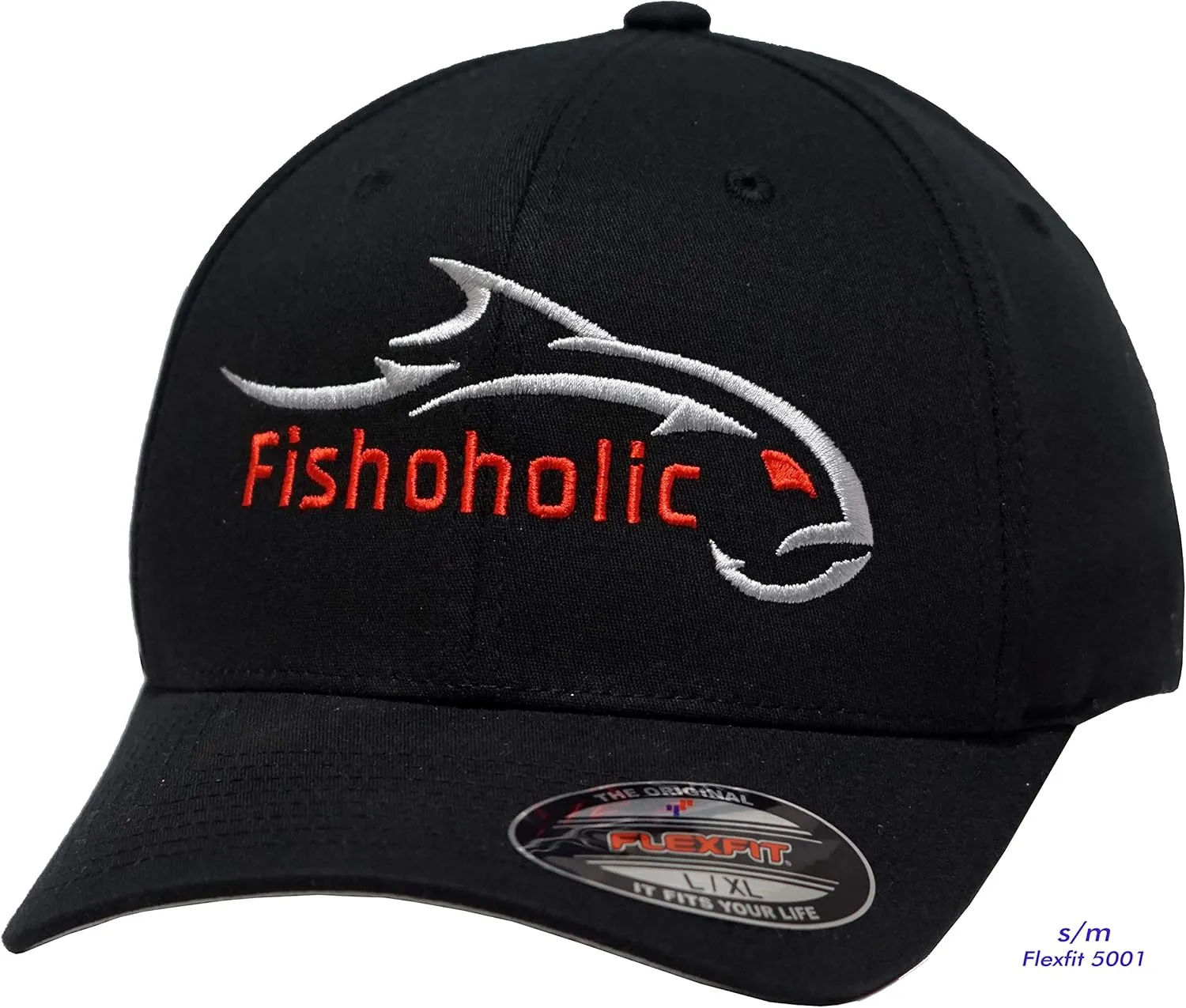 Fishoholic Flexfit Baseball Fishing Hat – Embroidered Logo, Semi-Fitted, S/M & L/XL Sizes – Fishing Enthusiast Gift