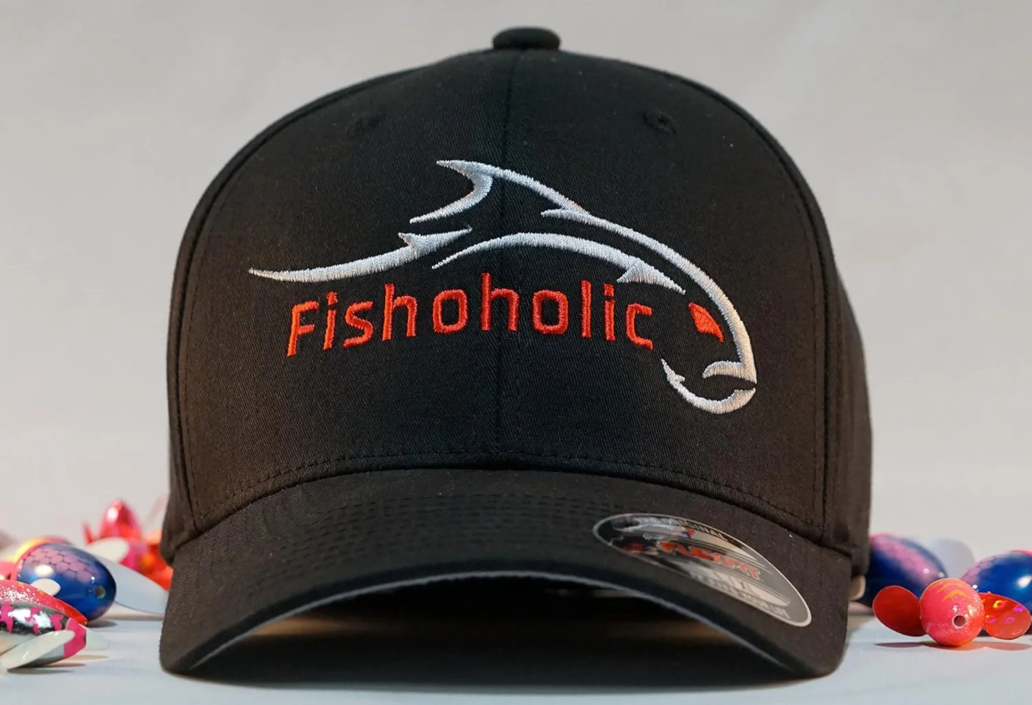 Fishoholic Flexfit Baseball Fishing Hat – Embroidered Logo, Semi-Fitted, S/M & L/XL Sizes – Fishing Enthusiast Gift
