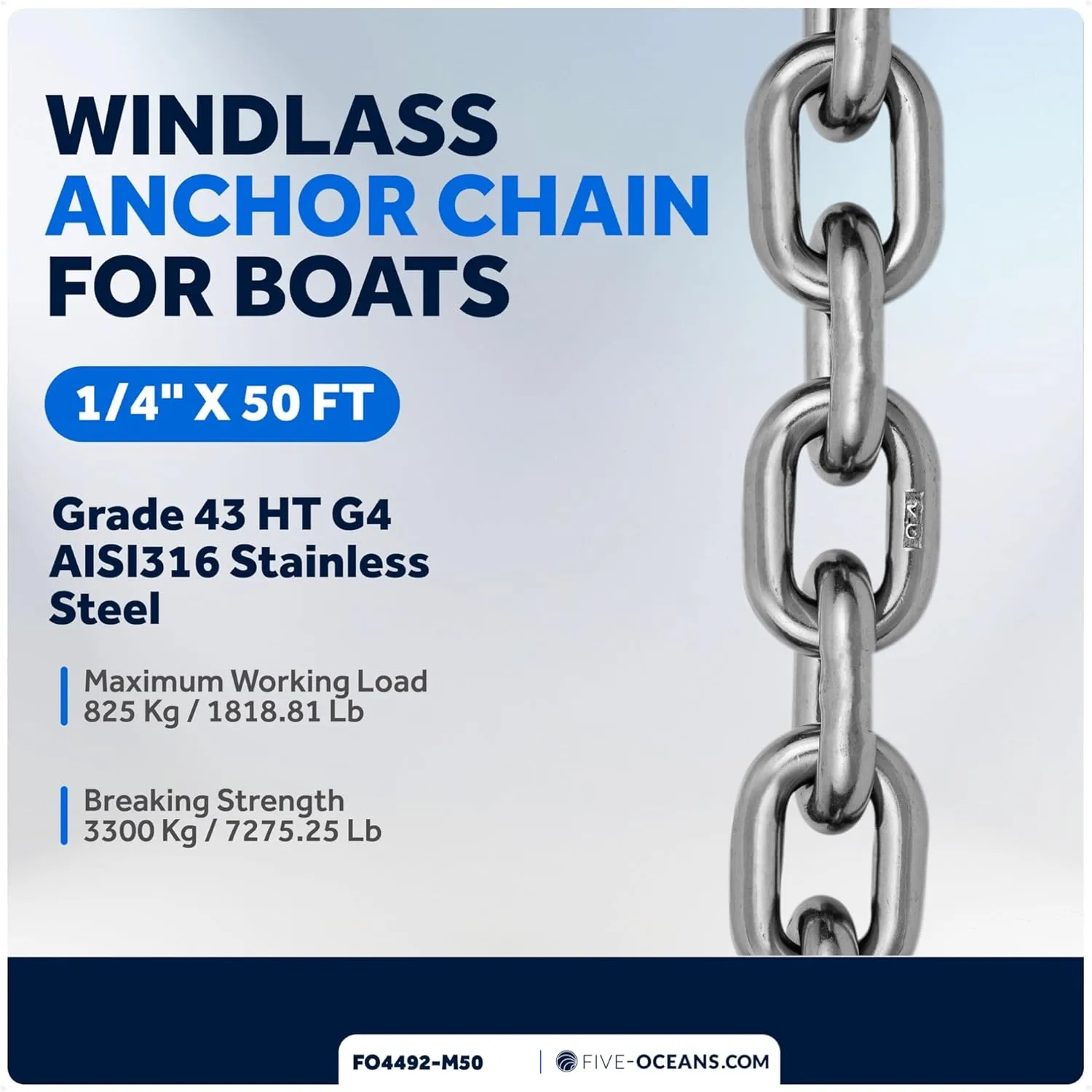 Five Oceans Windlass Anchor Chain, Marine Grade G43 HT G4, High Test, Multiple Materials, Sizes & Lengths