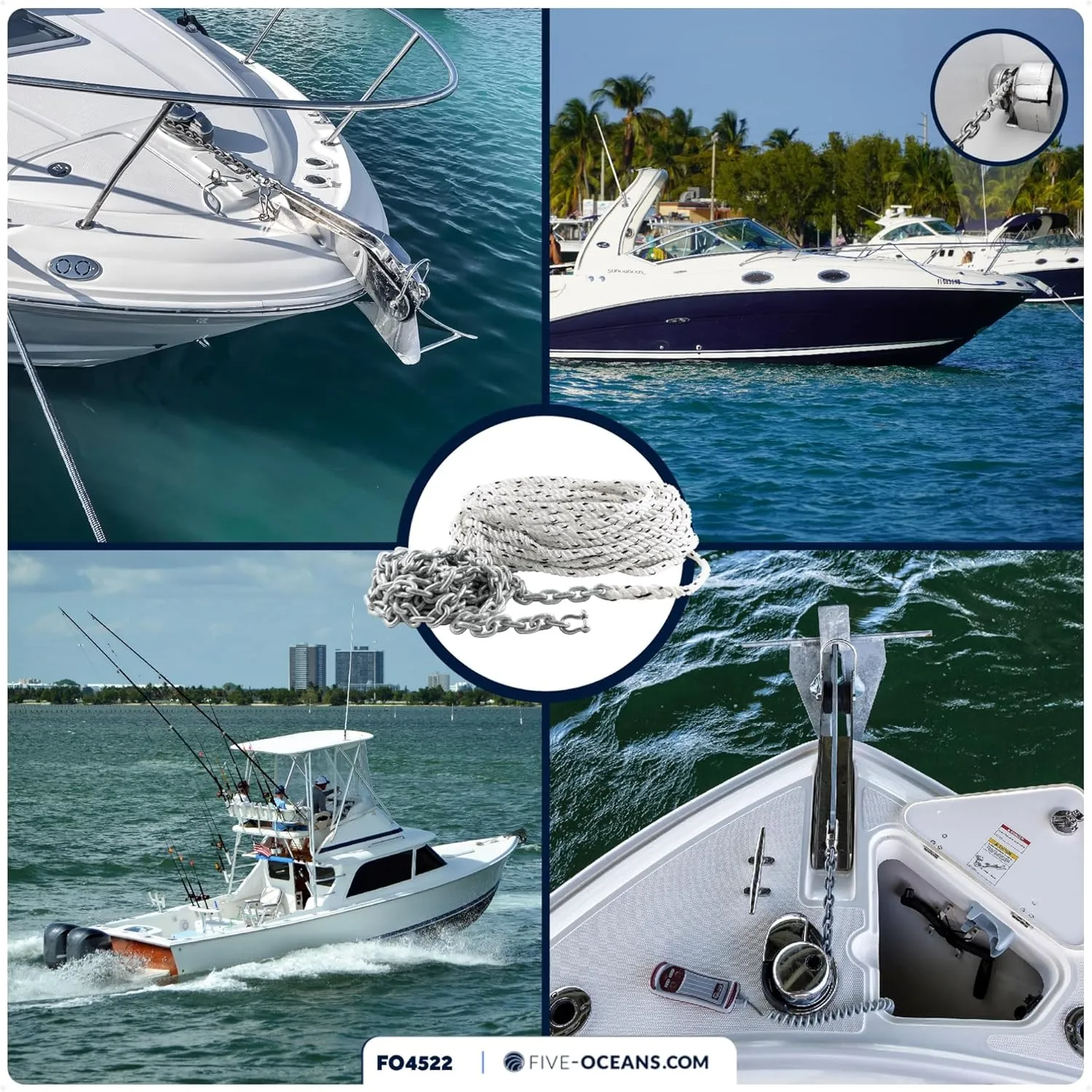 Five Oceans Windlass Anchor Rode, Hand-Spliced Anchor Rope and Chain Combination Kit, Nylon 3-Strand Rope, HT G4 Hot-Dipped Galvanized Steel Chain for Boat Anchor Systems - Multiple Sizes