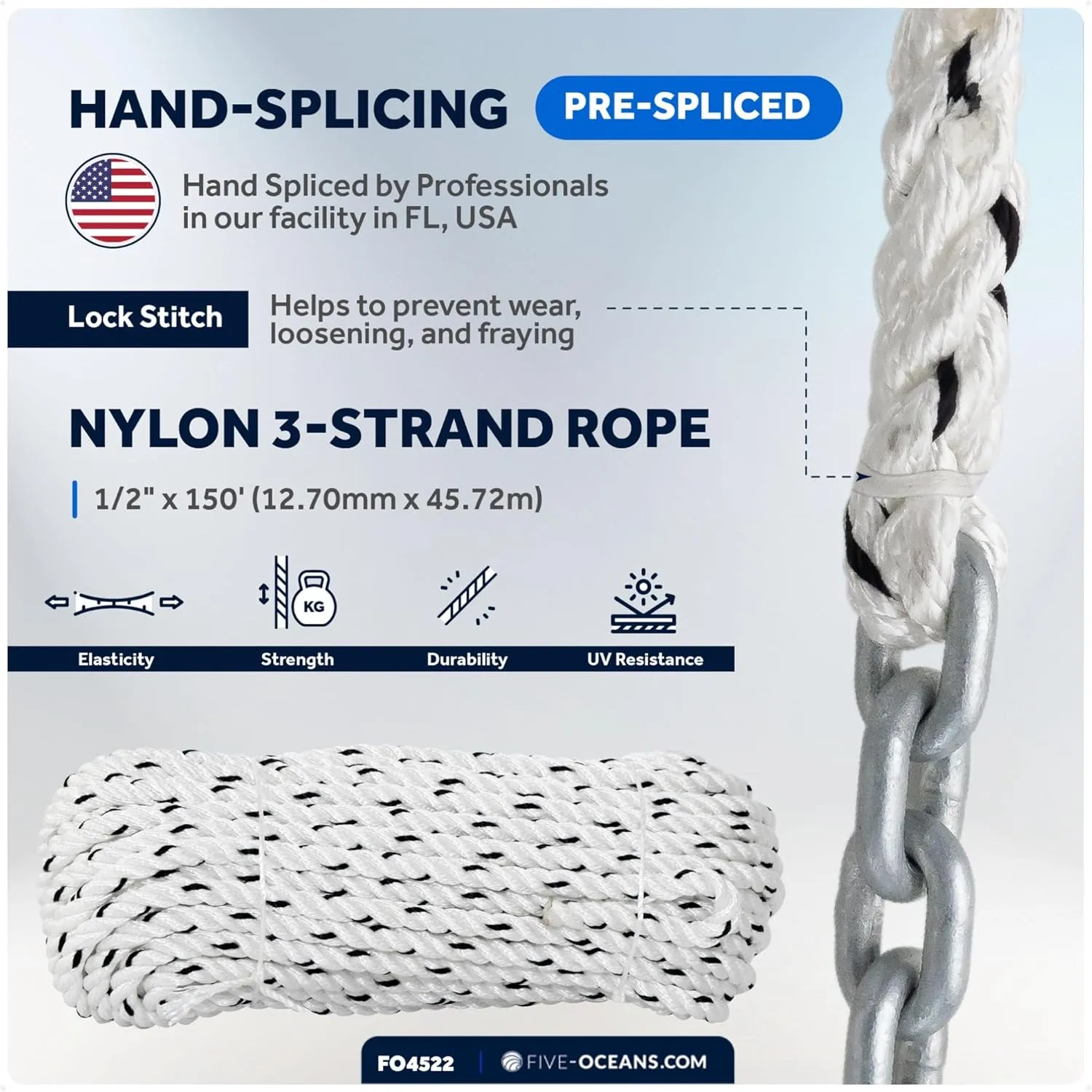 Five Oceans Windlass Anchor Rode, Hand-Spliced Anchor Rope and Chain Combination Kit, Nylon 3-Strand Rope, HT G4 Hot-Dipped Galvanized Steel Chain for Boat Anchor Systems - Multiple Sizes