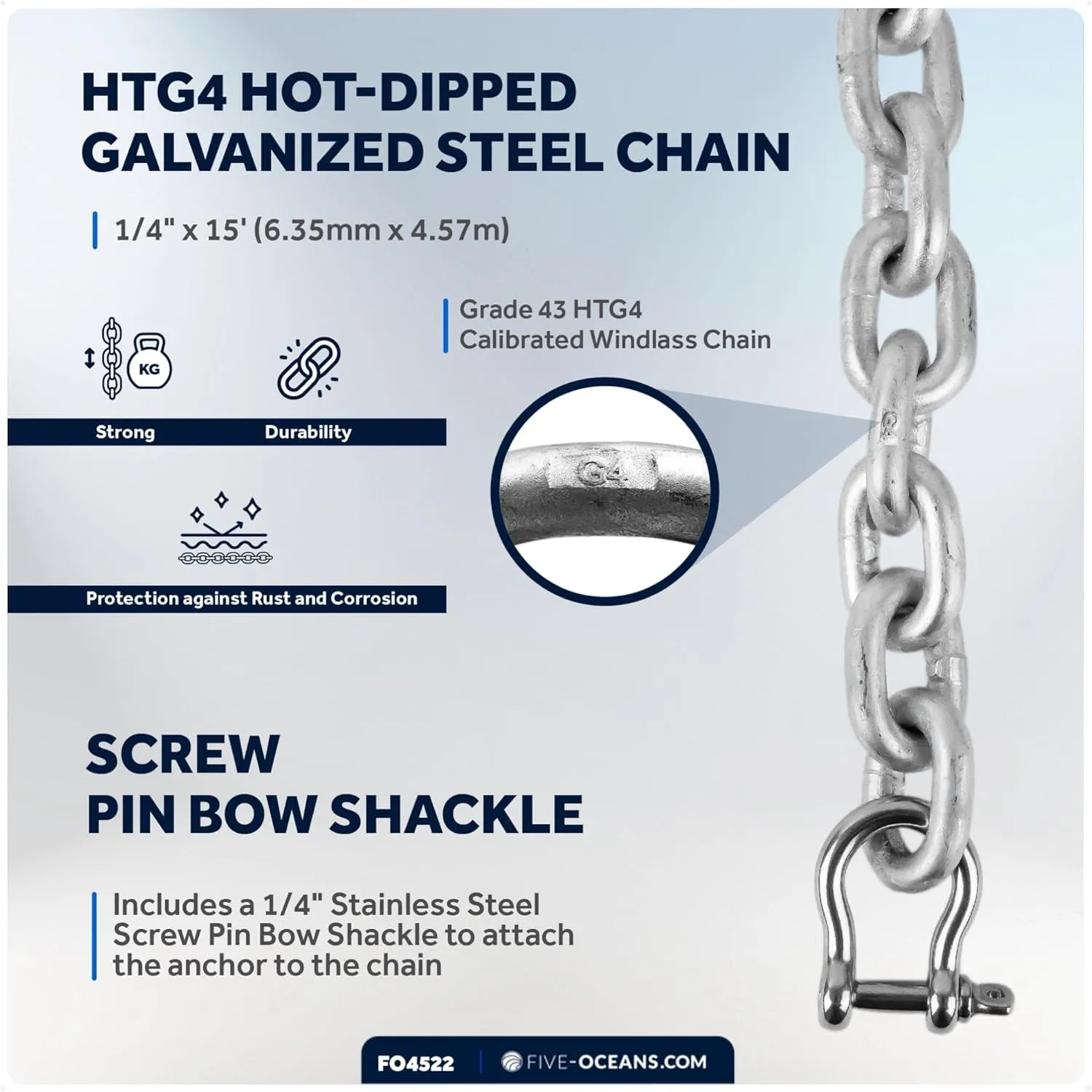 Five Oceans Windlass Anchor Rode, Hand-Spliced Anchor Rope and Chain Combination Kit, Nylon 3-Strand Rope, HT G4 Hot-Dipped Galvanized Steel Chain for Boat Anchor Systems - Multiple Sizes