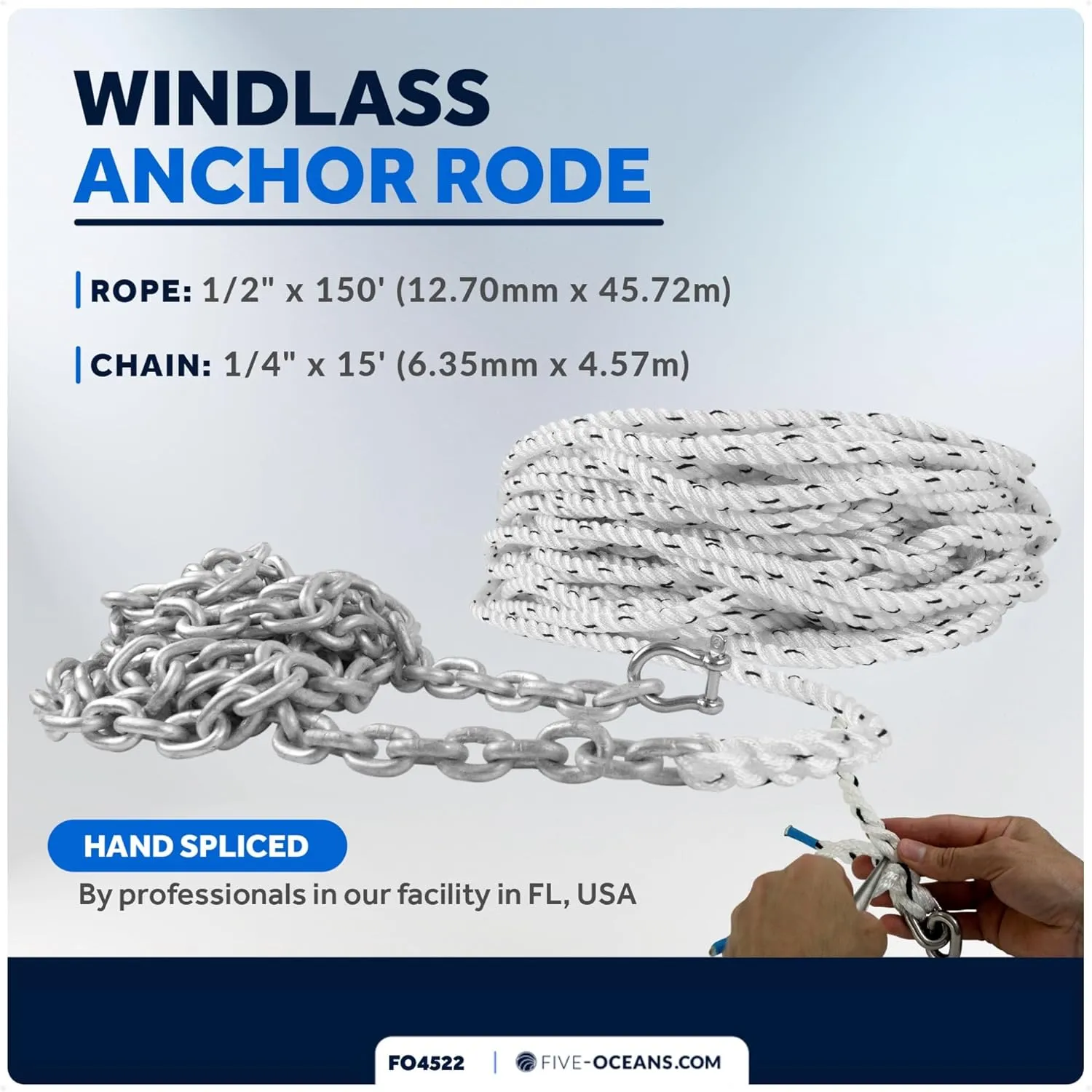 Five Oceans Windlass Anchor Rode, Hand-Spliced Anchor Rope and Chain Combination Kit, Nylon 3-Strand Rope, HT G4 Hot-Dipped Galvanized Steel Chain for Boat Anchor Systems - Multiple Sizes