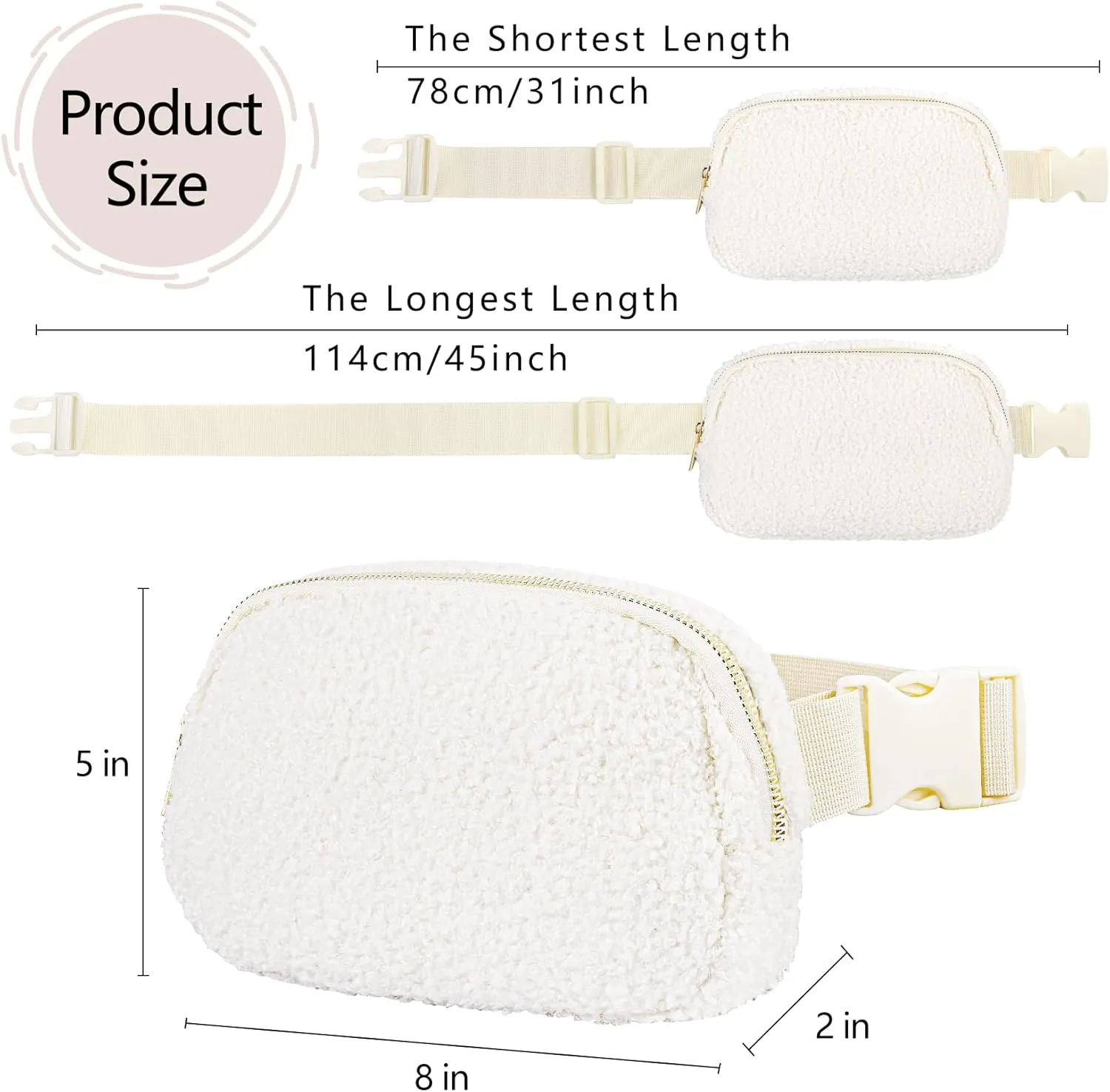 Fleece Fanny pack with Adjustable Strap for Women and Men Crossbody Bag Bum Bag, Waist Pack for Hiking Workout Sports Travel Beige