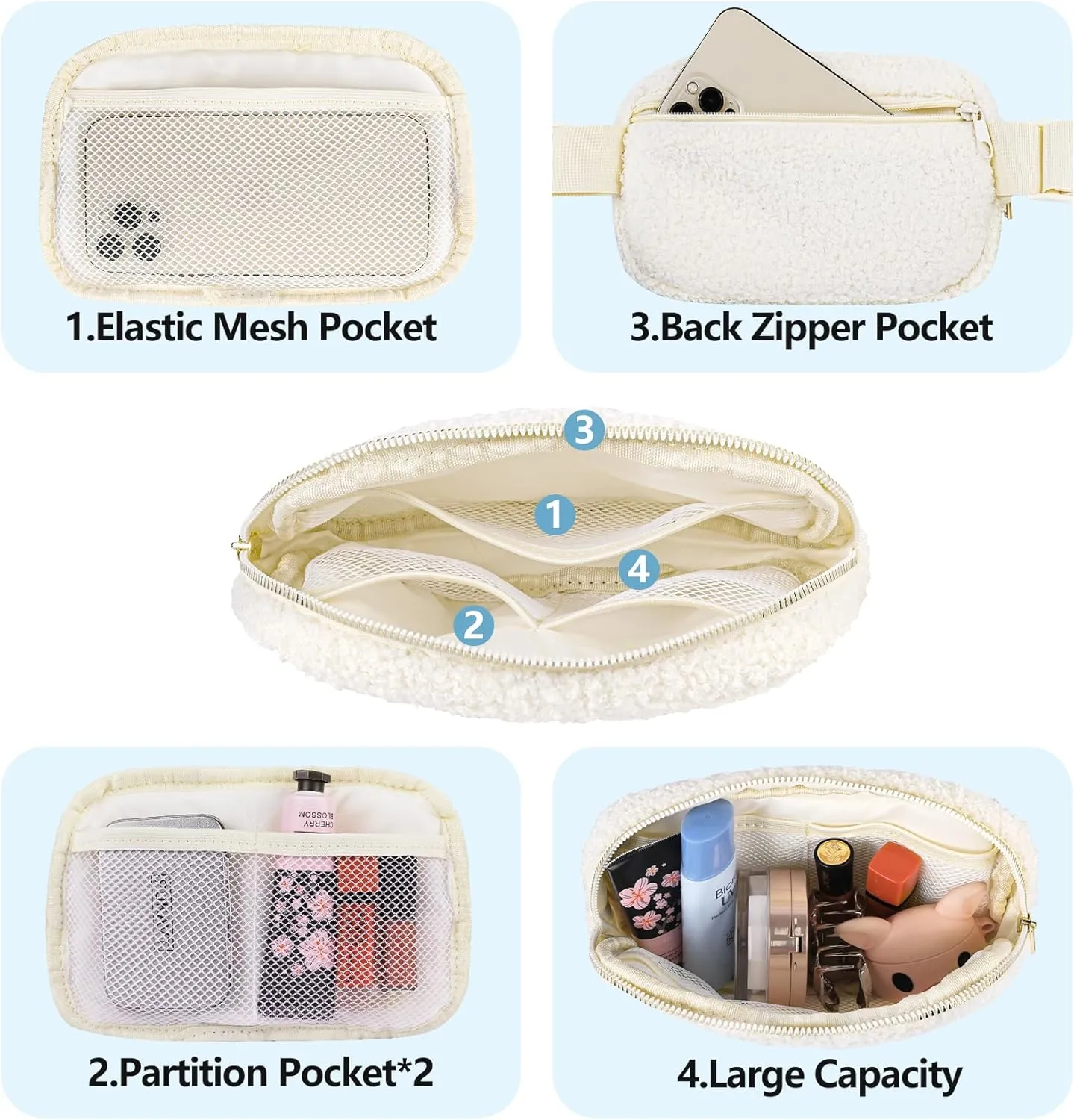 Fleece Fanny pack with Adjustable Strap for Women and Men Crossbody Bag Bum Bag, Waist Pack for Hiking Workout Sports Travel Beige