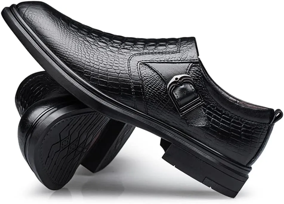 Formal Dress Shoes for Men Slip On Monk Strap Crocodile Embossed Vegan Leather Block Heel Slip Resistant Anti-Slip Low Top Rubber Sole Outdoor Suitable for Many Occasions