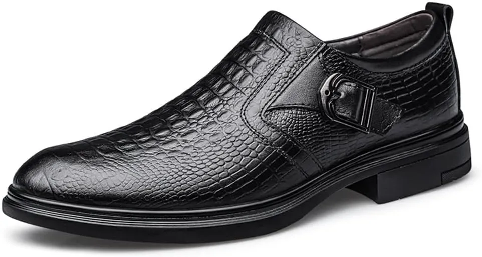 Formal Dress Shoes for Men Slip On Monk Strap Crocodile Embossed Vegan Leather Block Heel Slip Resistant Anti-Slip Low Top Rubber Sole Outdoor Suitable for Many Occasions