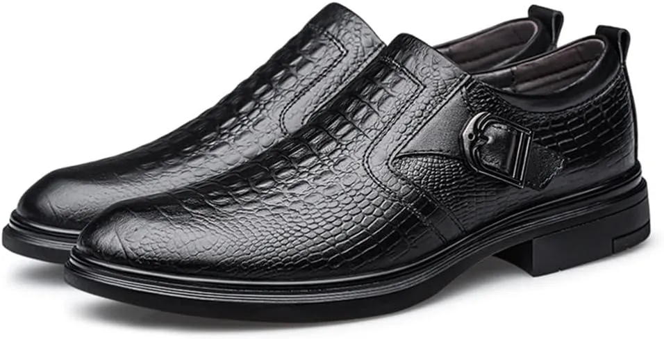 Formal Dress Shoes for Men Slip On Monk Strap Crocodile Embossed Vegan Leather Block Heel Slip Resistant Anti-Slip Low Top Rubber Sole Outdoor Suitable for Many Occasions