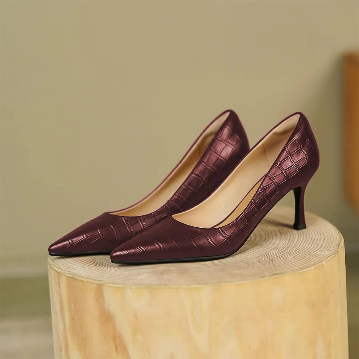 FOWT Simple Solid Croc-Embossed Pointed Toe Pumps Women Dressy Slip on Thin High Heels Sexy Shallow Party Evening Dance Shoes US Size 4-16