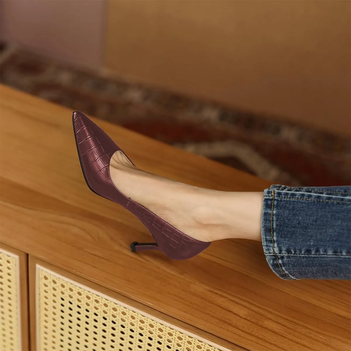 FOWT Simple Solid Croc-Embossed Pointed Toe Pumps Women Dressy Slip on Thin High Heels Sexy Shallow Party Evening Dance Shoes US Size 4-16