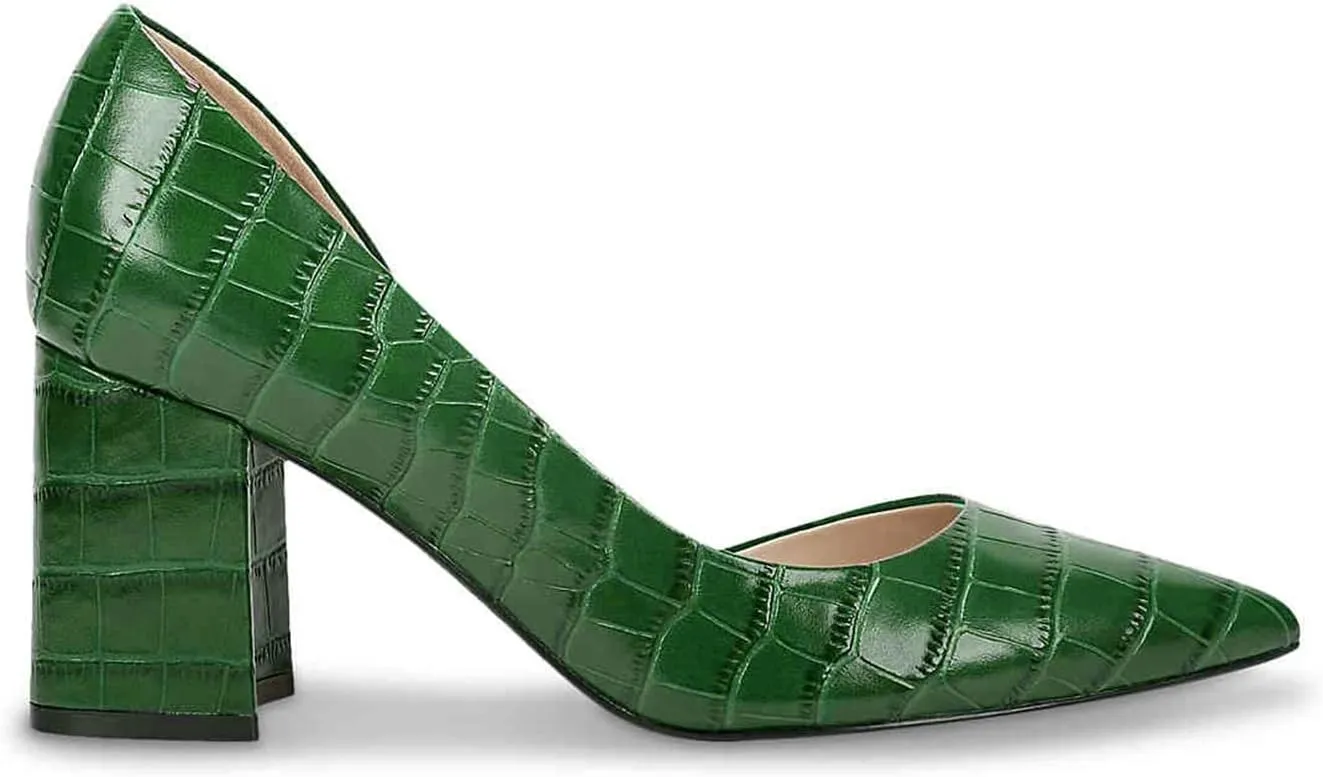 FOWT Spring Crocodile Embossed Leather Half D'Orsay Block High Heel Green Pumps for Women Elegant Pointed Toe 3 Inches Fashion Casual Daily Dressy Shoes, US Size 4-16 M