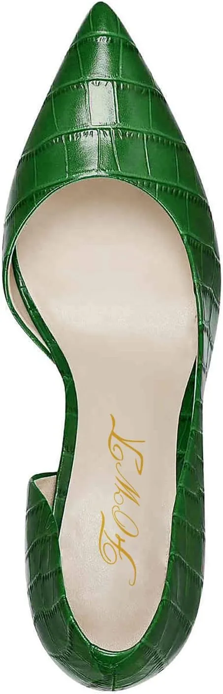 FOWT Spring Crocodile Embossed Leather Half D'Orsay Block High Heel Green Pumps for Women Elegant Pointed Toe 3 Inches Fashion Casual Daily Dressy Shoes, US Size 4-16 M