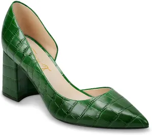 FOWT Spring Crocodile Embossed Leather Half D'Orsay Block High Heel Green Pumps for Women Elegant Pointed Toe 3 Inches Fashion Casual Daily Dressy Shoes, US Size 4-16 M