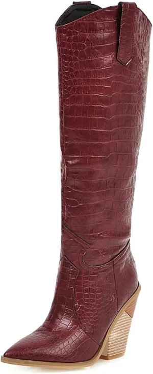 FOWT Women’s Crocodile Embossed Knee High Cowgirls Boots High Stacked Heels Wedge Long Booties Pull On Cowboy Bootie Pointed Toe Shoes Winter Fall Warm Work Daily Shoes Size 6-12 US